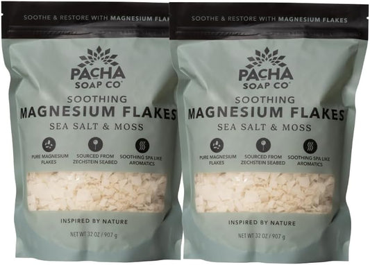 Pacha Soap Co. Magnesium Flake Salt Soak - Sea Salt & Moss, Soothing Mineral Bath Soak with Magnesium & Sea Salt, Paraben, Sulfate, and Dye-Free, Handcrafted in The USA, 2-Pack, 32 oz Each