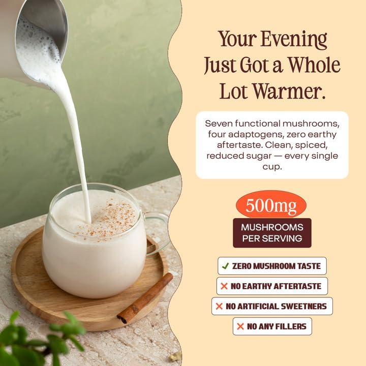 Mushroom Spiced Chai – 7 Mushrooms and Adaptogen Blend with Lions Mane Ashwagandha KSM 66 Magnesium Glycinate – Instant Chai Latte Mix for Evening Calm and Relaxation – Vegan Melatonin Free (20 Cups)