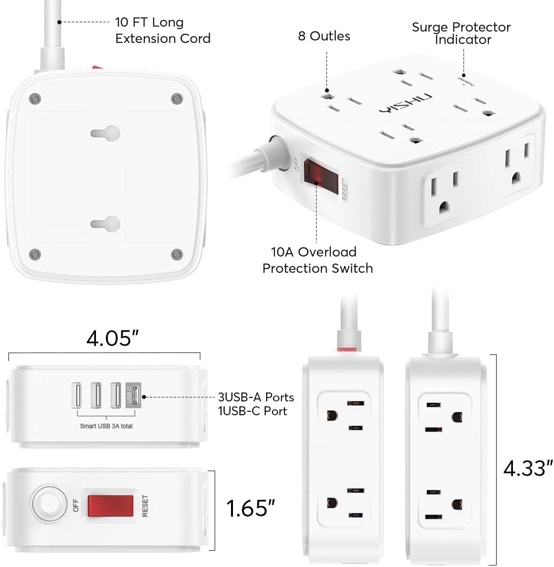 YISHU 6Ft Surge Protector Power Strip with 8 Widely Outlets & 4 USB Ports