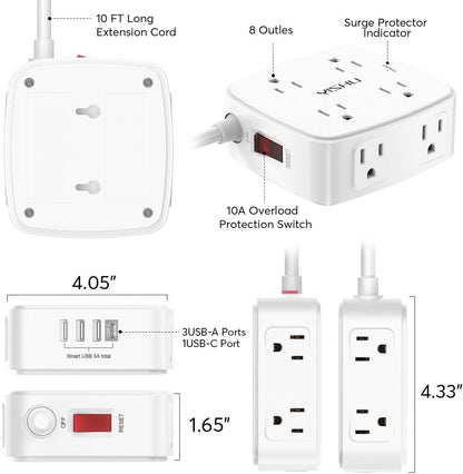 YISHU 6Ft Surge Protector Power Strip with 8 Widely Outlets & 4 USB Ports