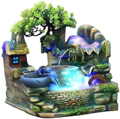 Mini Artificial Bonsai Tree Waterfall Fog Feature Rock Tabletop Fountain | 11in Desktop Decor Waterfall Fountain W/ Water Pump& Atomizer&LED Lights &Fake Tree Office Bedroom Relax