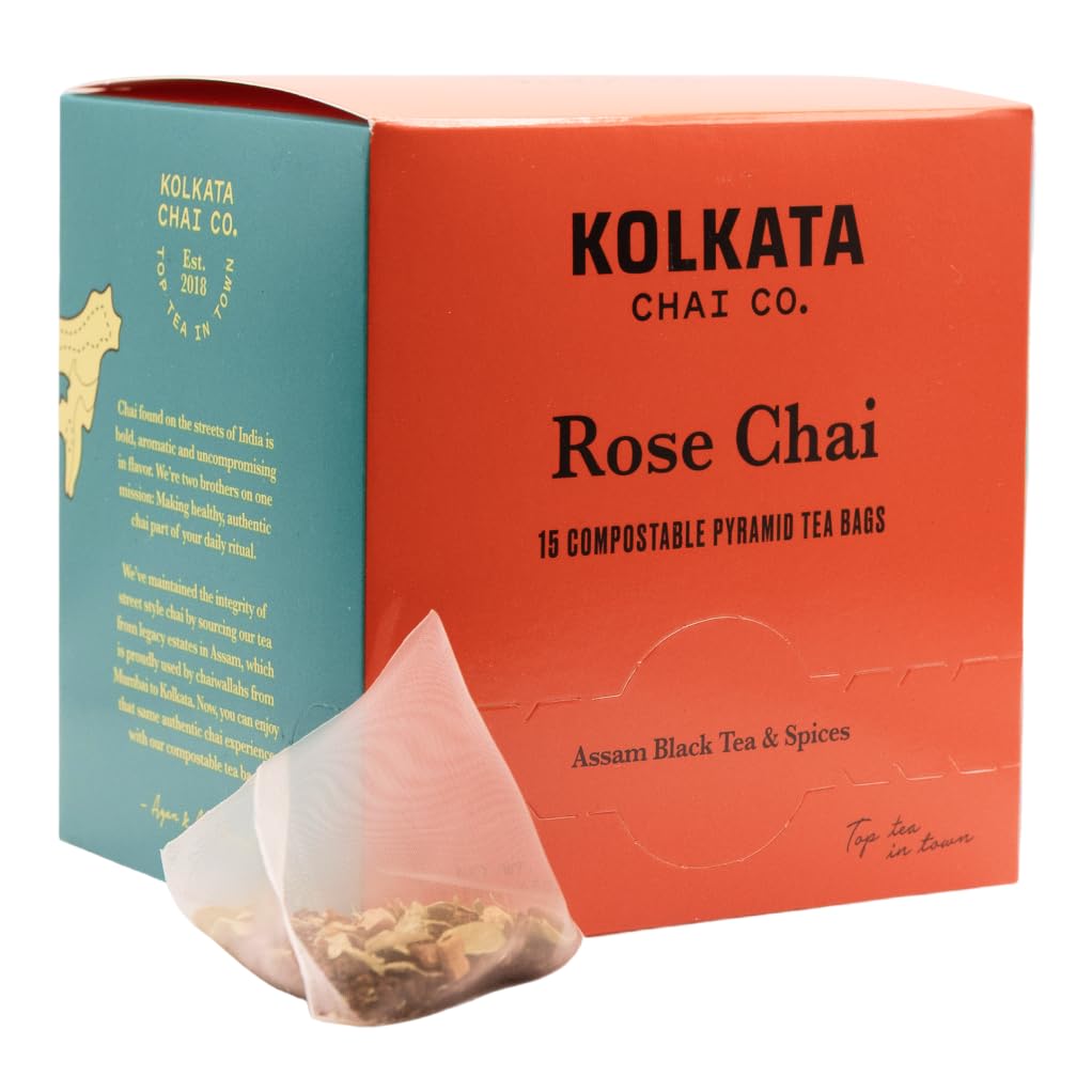 Kolkata Chai - Rose Chai Tea Bag, 15 Count, Premium Assam Black Tea and Spices, Compostable Tea Bags, Vegan, All Natural