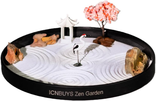 Zen Garden Crane, Pavilion and Sakura Set with Free Rakes and Pushing Sand Pen Base Tray Diameter 9.4 inches