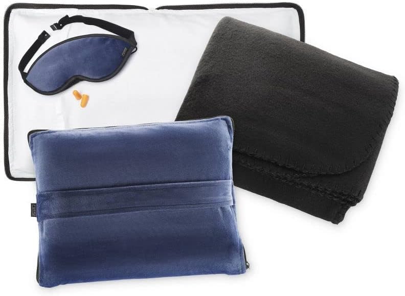 Lewis N. Clark Ultimate Comfort Set + Portable Travel Kit for Airplane, Includes Inflatable Pillow + Zippered Carrying Case, Cozy Fleece Blanket, Eye Mask for Sleeping & Foam Ear Plugs, Black