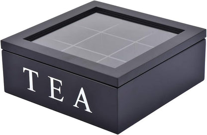 Wood Tea Storage Box, Teabag Storing 9 Compartments Wooden Tea Box Hinged Glass Lid Tea Organizer-Black
