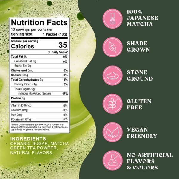 The Harmony Matcha Vanilla (10 Sticks) Premium Sweetened Japanese Matcha Powder, Rich in Antioxidants & L-Theanine, Dairy, Gluten, & Preservative Free, Serve Hot or Iced