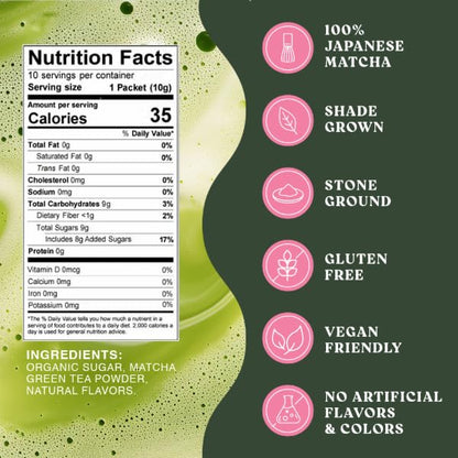 The Harmony Matcha Vanilla (10 Sticks) Premium Sweetened Japanese Matcha Powder, Rich in Antioxidants & L-Theanine, Dairy, Gluten, & Preservative Free, Serve Hot or Iced