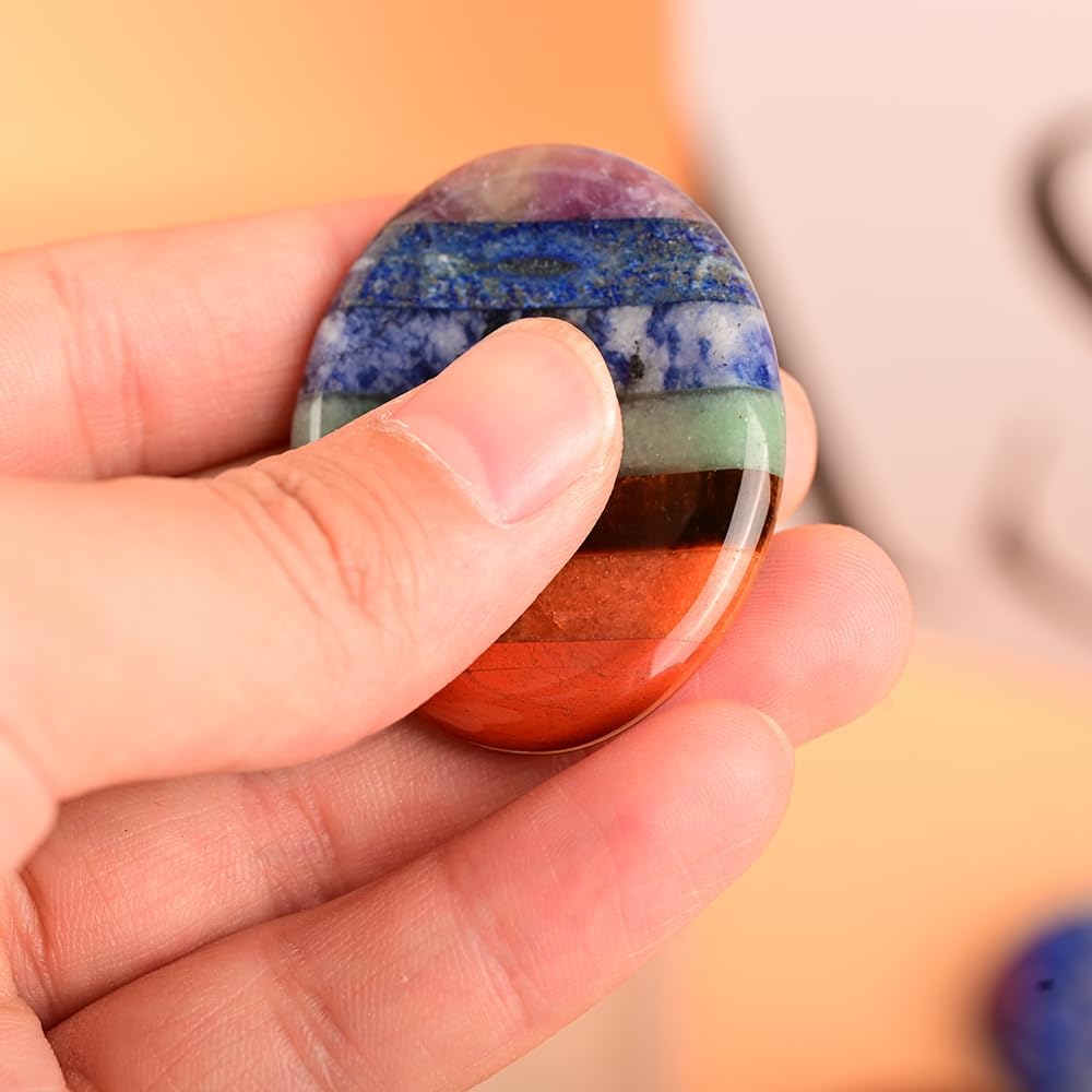 Gemstone Worry Stone, Chakras Worry Stone for Anxiety, Hand Carved Natural Pocket Palm Stones Water Drop Shape 7 Chakra Crystals and Healing Stones for Yoga Meditation 1.7"