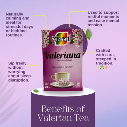 Therbal Valerian Root Herbal Tea – 25 Tea Bags – Natural Sleep & Relaxation Support – Caffeine-Free – 0.88 oz
