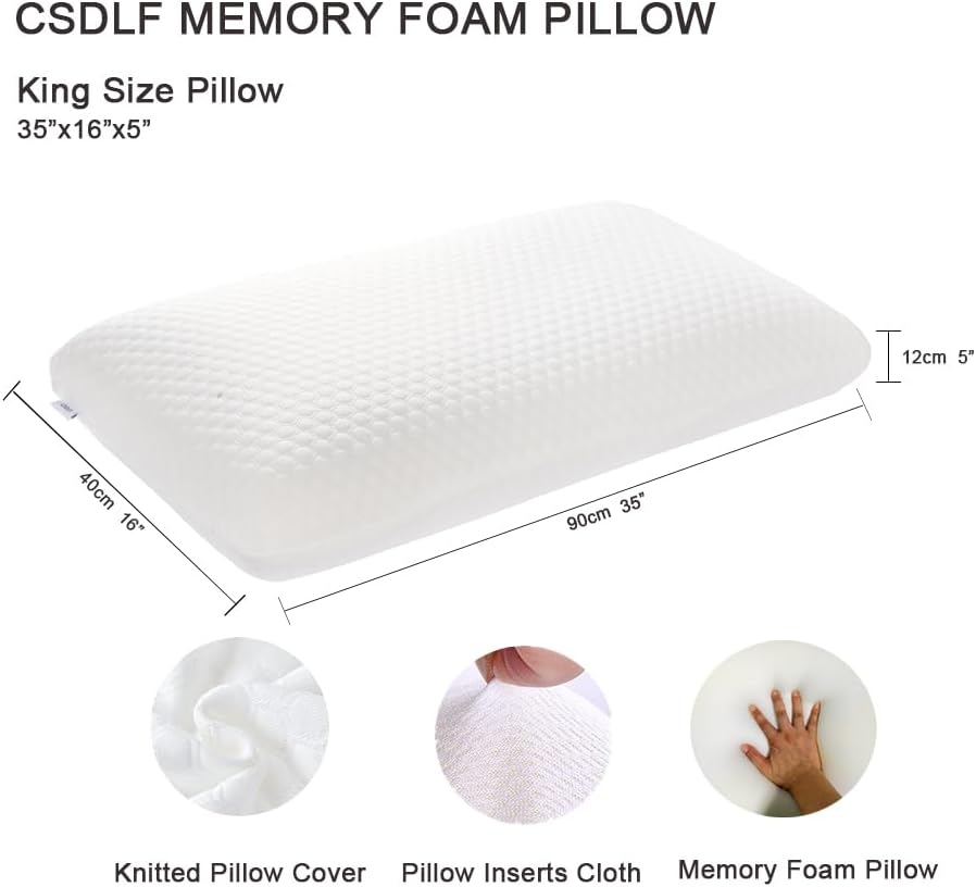 CSDLF Memory Foam Bed Pillows, Pillow for Side and Back Sleeper, Pillow for Neck Pain Relief, Washable Removable Cover, Soft, White (Queen)