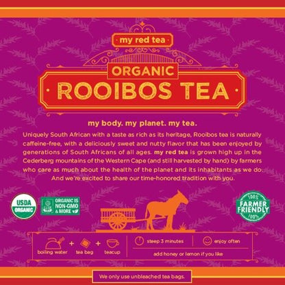 My Red Tea Organic Rooibos Tea Bags - 40 Count - South African Red Bush Tea - USDA Organic, Caffeine Free, Single Origin & Sustainably Farmed - 100g