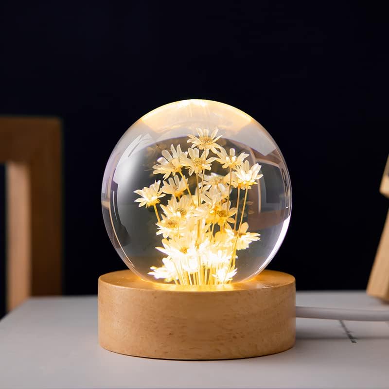 Flower Crystal Ball Night Light,2.4 inch Glass Ball Night Lamp with Woodern Base (Dandelion)