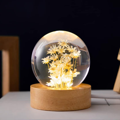 Flower Crystal Ball Night Light,2.4 inch Glass Ball Night Lamp with Woodern Base (Dandelion)