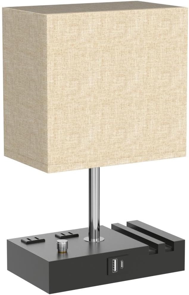 Kakanuo Fully Dimmable Nightstand Lamp for Bedroom with USB C Ports, Grey Small Bedside Table Lamp with Charging Outlets and Phone Stands, Wooden Desk Lamp for Living Room, LED Bulb Included
