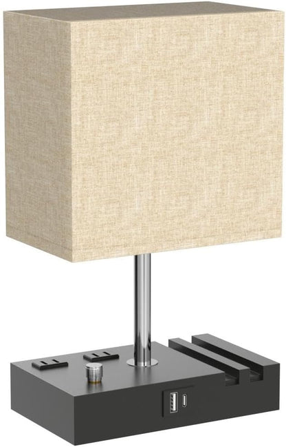 Kakanuo Fully Dimmable Nightstand Lamp for Bedroom with USB C Ports, Grey Small Bedside Table Lamp with Charging Outlets and Phone Stands, Wooden Desk Lamp for Living Room, LED Bulb Included