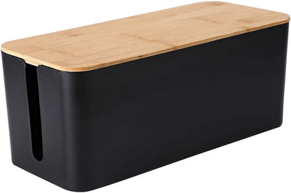 PowerKing Cable Management Boxes Organizer, Bamboo Lid, Large Storage Wires Keeper Holder for Desk, TV, Computer, USB Hub, System to Cover and Hide & Power Strips & Cords (Ice White)