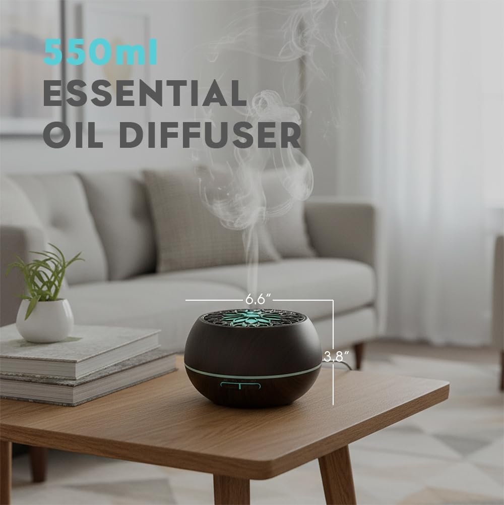 550ml Large Capacity Essential Oil Diffuser 6 Essentil Oil Set Aromatherapy Ultrasonic Air Humidifier with Timer and 7 Color LED Night Light Remote Control Waterless Auto-Off White Wood Grain