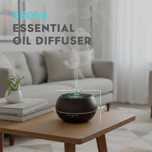 550ml Large Capacity Essential Oil Diffuser 6 Essentil Oil Set Aromatherapy Ultrasonic Air Humidifier with Timer and 7 Color LED Night Light Remote Control Waterless Auto-Off White Wood Grain
