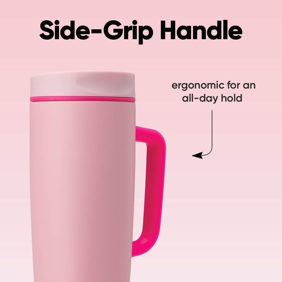 Owala SmoothSip Slider Insulated Stainless Steel Coffee Tumbler, Reusable Iced Coffee Cup, Hot Coffee Travel Mug, BPA Free 12 oz, Pink (Pucker Up)