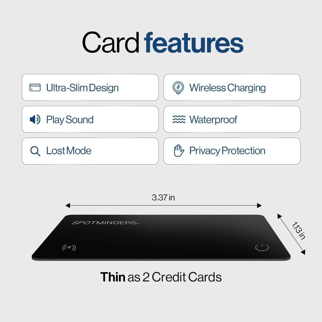 SPOTMINDERS Apple MFi Certified Wallet Tracker PRO Works with Apple Find My IP68 Rechargeable Tracking Card for Wallet Luggage Passport 0.07in Slim Credit Card Design Item Finder