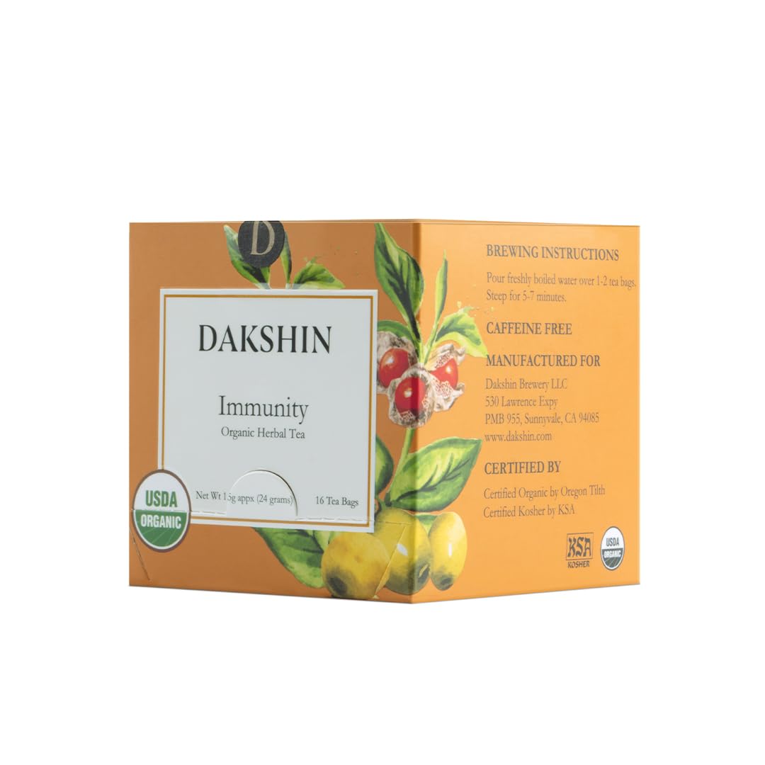 DAKSHIN Organic Immunity Tea Bags | Ashwagandha, Amalaki, Echinacea, Tulsi & Guduchi | Ayurvedic Daily Wellness Tea | Caffeine-Free | USDA Organic | 16 Tea Bags