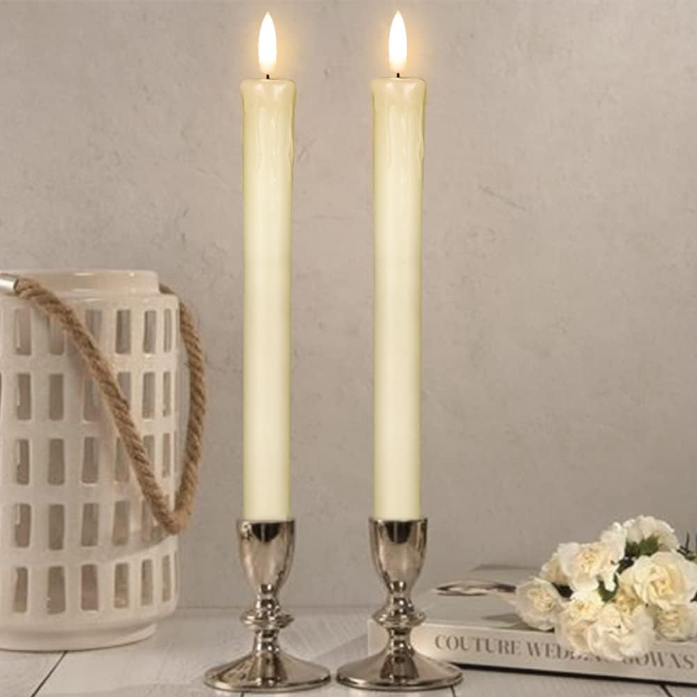 GenSwin Flameless Ivory Taper Candles Flickering with 10-Key Remote, Battery Operated Led Warm 3D Wick Light Window Candles Real Wax Pack of 6, Christmas Home Wedding Decor(0.78 X 9.64 Inch)