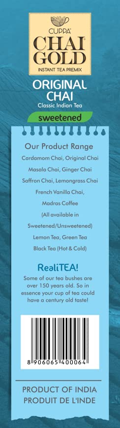 Cuppa Chai Gold Cardamom Chai Instant Tea Premix Sweetened, Rich Cardamom Flavor Tea Beverage Mix, Smooth Creamy Taste, Just Add Hot Water, Convenient Single-Serve Sachets for Home, Office & Travel, 10 Count