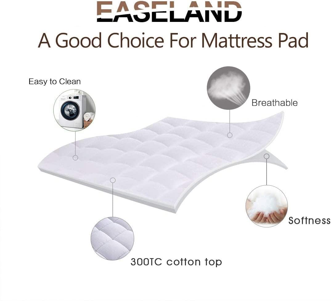 EASELAND Queen Size Mattress Pad Pillow Top Mattress Cover Quilted Fitted Mattress Protector Cotton Top Stretches up 8-21" Deep Pocket Cooling Mattress Topper (60x80 inch, White)