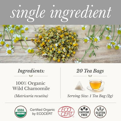 Wild Bliss Organic Chamomile Tea - Caffeine Free Calming Herbal Support - Pharmacopoeia Potency - 20 Plant Based Tea Bags (Pack of 2)