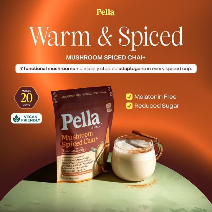 Pella Nutrition Instant Mushroom Spiced Chai Latte for Relaxation - 20 Cups