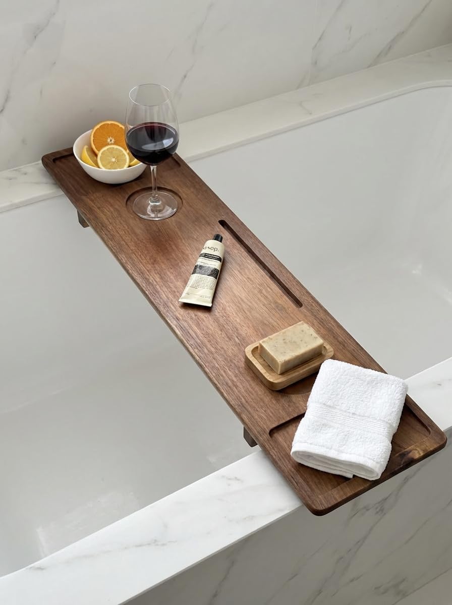 Luxury Wooden Bathub Caddy Tray - Premium Natural Acacia Bath Organizer with Wine Glass Holder, Tablet Slot and Phone Mount - Expandable Spa Board to Fit Most Tubs