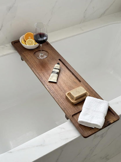 Luxury Wooden Bathub Caddy Tray - Premium Natural Acacia Bath Organizer with Wine Glass Holder, Tablet Slot and Phone Mount - Expandable Spa Board to Fit Most Tubs