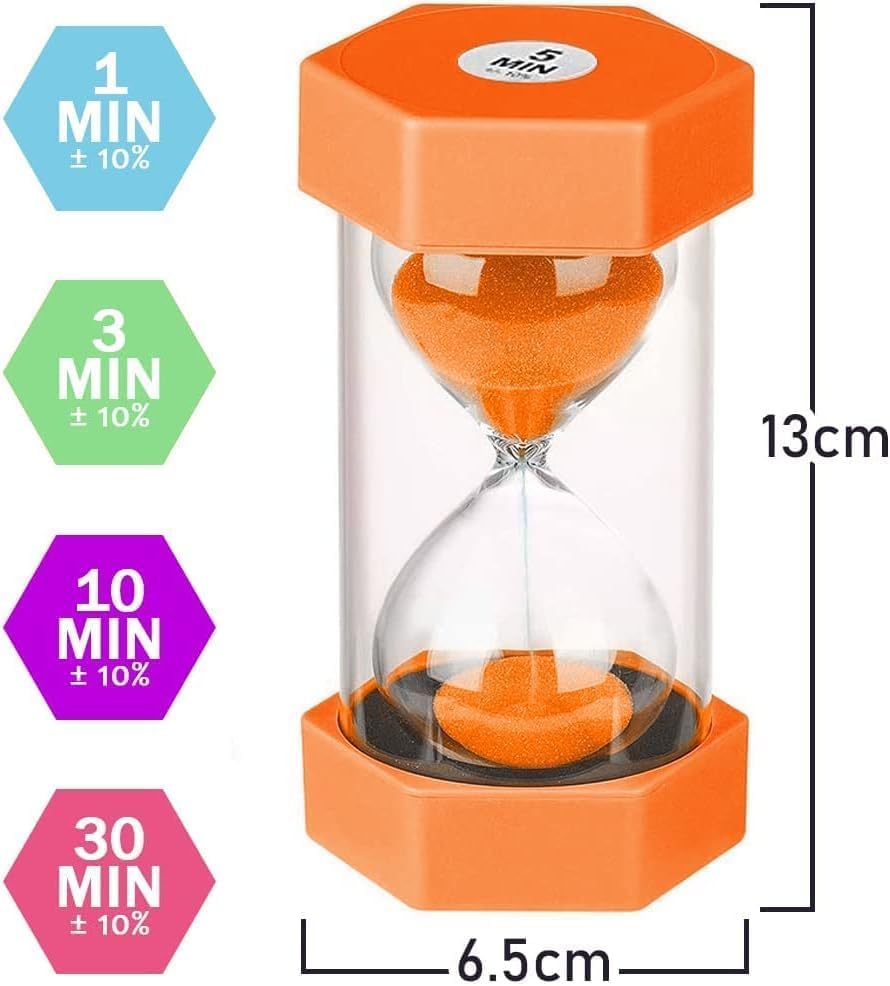5 PCS Hourglass Kids Hourglass Timer Hourglass Set Colorful Sand Clock Kitchen Timer Time Management Includes 1 Minute, 3, 5, 10, and 30 Minutes, Different