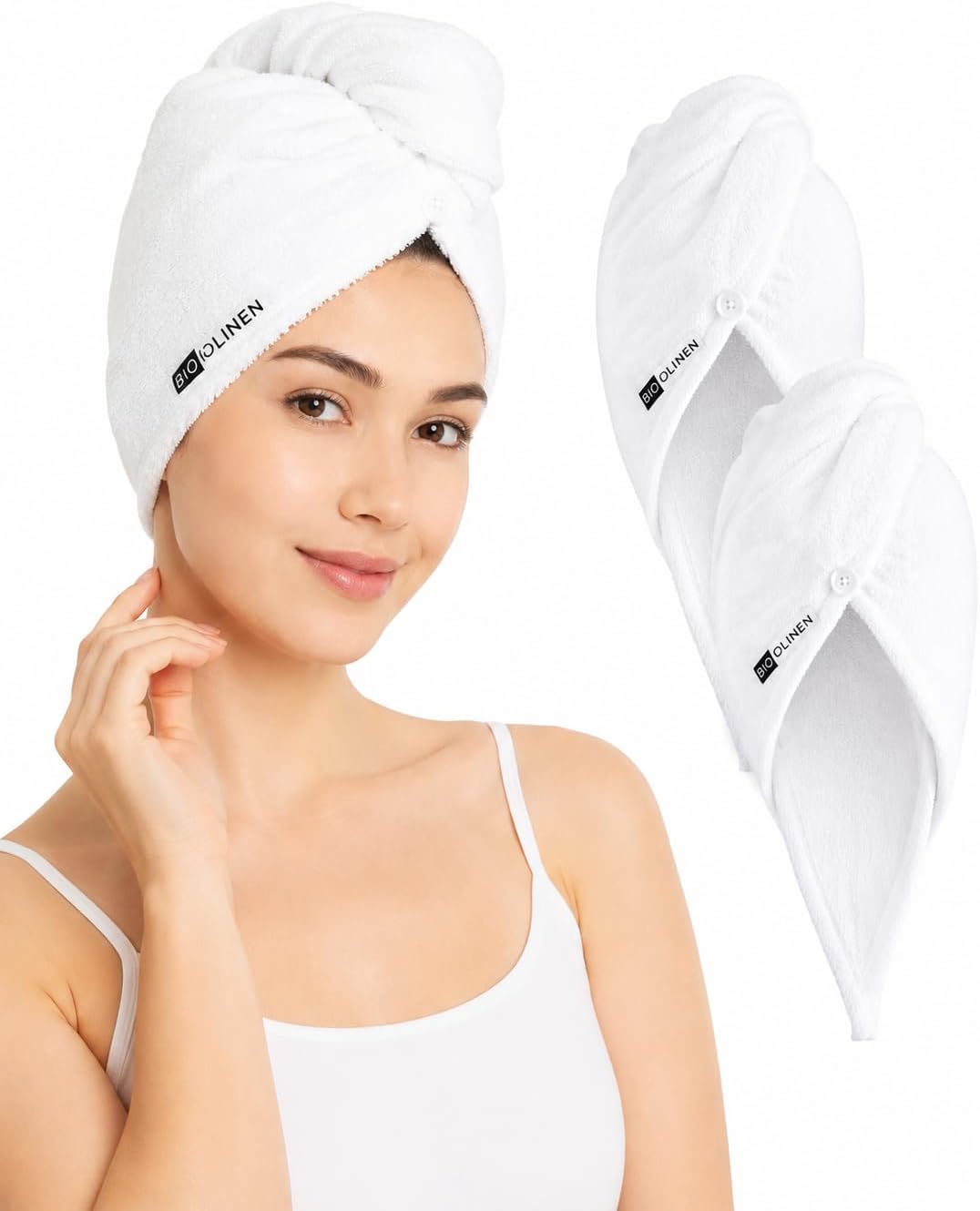 BIOLINEN Cotton Hair Towel Wrap for Women 3 Pack, Super Absorbent Quick Dry Hair Turban, Anti Frizz Drying Towel for Curly Long Hair, White 10x25
