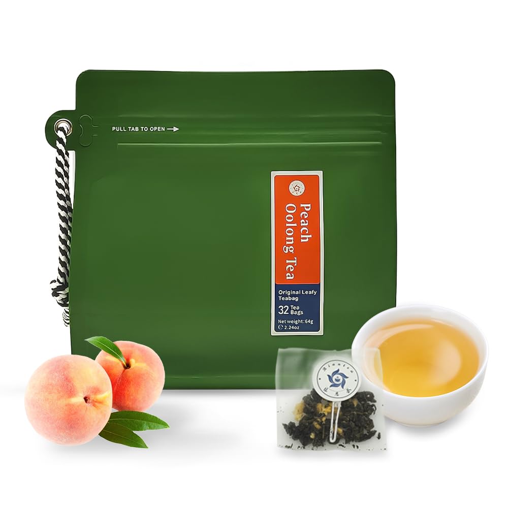 RIANTEA Peach Oolong Tea Bags - 32 Individually Wrapped Teabags (2.25oz/62g) - Low Caffeine, Smooth Flavor - Hot or Iced Tea - Original Leafy Tea