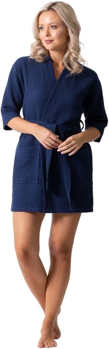 Turkish Linen Lightweight Waffle Knit Bath, Spa & Bridesmaids Kimono Short Robes for Women - Quick Dry & Soft