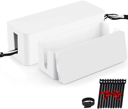 Cable Management Box Organizer, Pack of 2 Wire Concealer to Cover Hide Surge Protector & Power Strip on Desk Floor, with 5 Cord Fastening Tapes for Office, Home, Kitchen (Luxury Black)