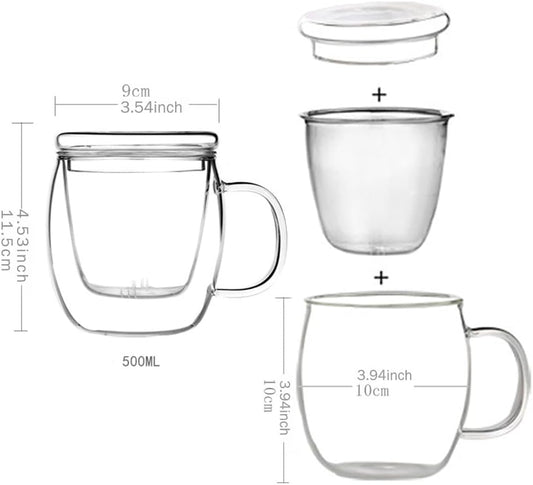 Glass Tea Cup with Infuser and Lid,500ml (17oz) Borosilicate Glass Tea Mugs for Loose Leaf Tea,Glass Tea Cups with Filter for Black Tea,Great Loose Tea-leaf Brewing System