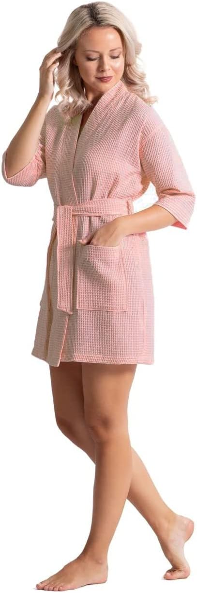 Turkish Linen Lightweight Waffle Knit Bath, Spa & Bridesmaids Kimono Short Robes for Women - Quick Dry & Soft