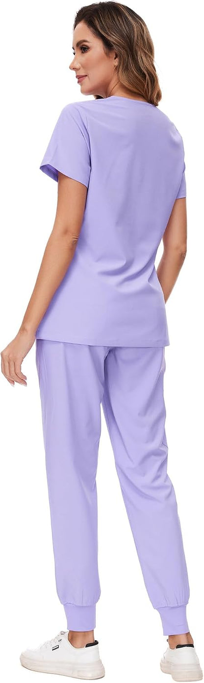 COZYFIT Scrubs for Women Set - Stretch V-Neck Scrub Top & Jogger Pant with 8 Pockets COZY SCRUBS - Colors D