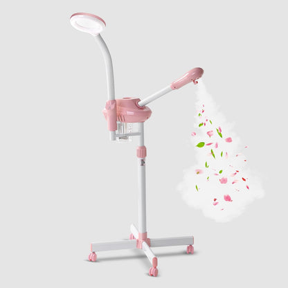 Professional Facial Steamer, Face Steam on Wheels, Estheticians Steamer with More Steam for Moisturizing and Hydration, Adjustable Height and Angle for Spa Beauty, Home Use, Pink