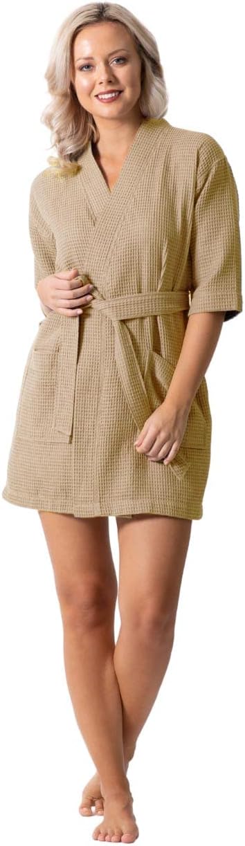 Turkish Linen Lightweight Waffle Knit Bath, Spa & Bridesmaids Kimono Short Robes for Women - Quick Dry & Soft