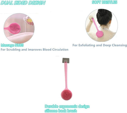 Long Handle Silicone Body Scrubber for Shower, Dual-Sided Back Scrubber Brush with Soft Bristles&Massage Nodes, Exfoliating Bath Brush for Hard to Reach Areas, Easy to Clean & Quick Dry, for Daily Use