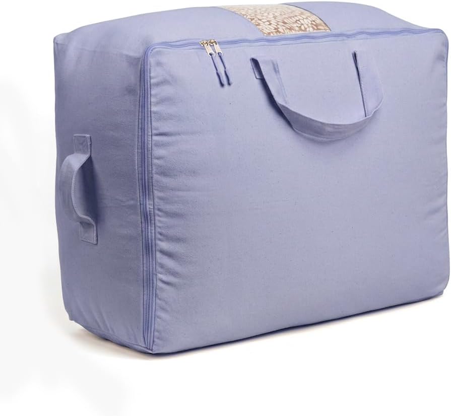 Soft Canvas Storage Bags with Zipper. Thick Breathable, 2pc King/Queen Comforter Organizer. Four Carrying Handles and Window. Large 25x19x9in Bag for Sheets Blankets Bedding Pillows, Clothes