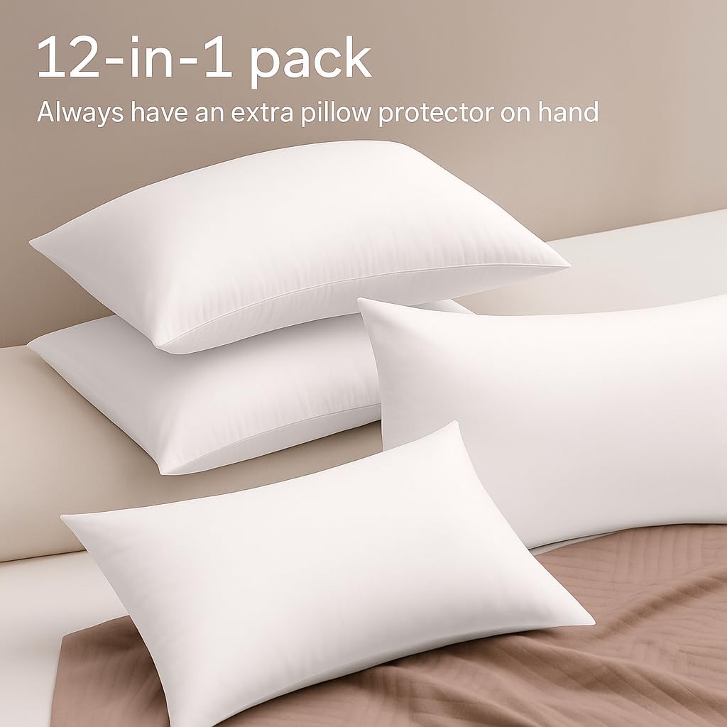 Ultra Soft Pillow Protectors with Zipper Standard Size - Set of 8 Breathable Pillow Covers - 100% Protection Against Stains, Dust & Dirt - Machine Washable (White)