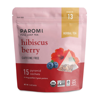 Paromi Organic Hibiscus Berry Herbal Tea, 15 Full-Leaf Pyramid Sachets in a Resealable Pouch — Caffeine Free, Hibiscus, Rosehip & Berry, Hot or Iced, Fair Trade Ingredients & Non-GMO