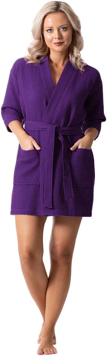 Turkish Linen Lightweight Waffle Knit Bath, Spa & Bridesmaids Kimono Short Robes for Women - Quick Dry & Soft