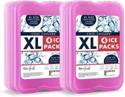 Cool Coolers by Fit & Fresh 4 Pack XL Slim Ice Packs, Quick Freeze Space Saving Reusable Ice Packs for Lunch Boxes or Coolers