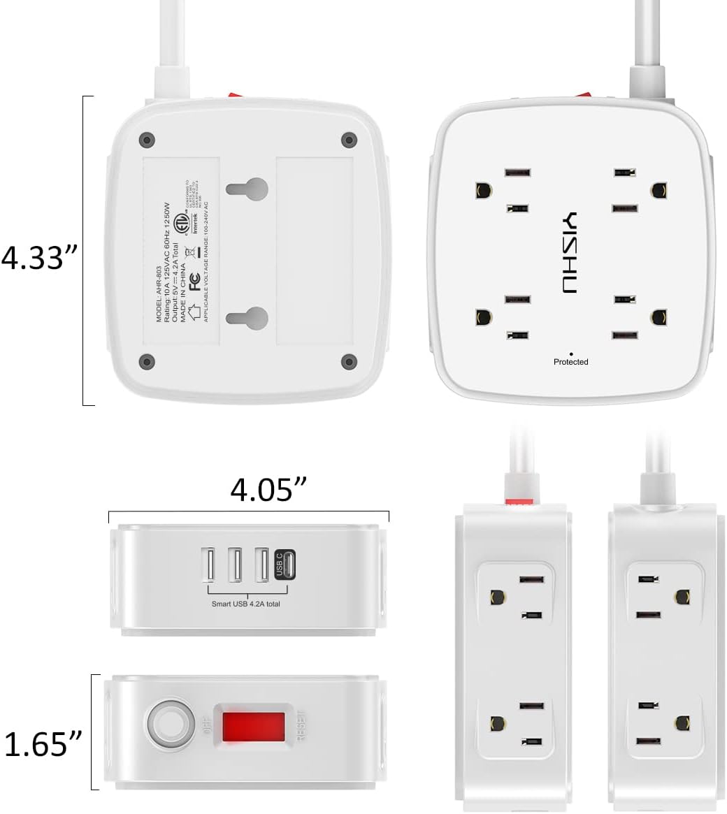 YISHU 6Ft Surge Protector Power Strip with 8 Widely Outlets & 4 USB Ports