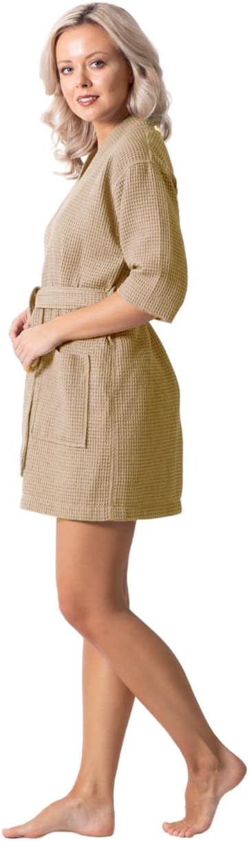 Turkish Linen Lightweight Waffle Knit Bath, Spa & Bridesmaids Kimono Short Robes for Women - Quick Dry & Soft